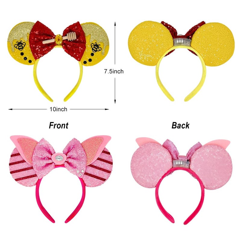 Tarocynn 2 PCS Mouse Ears Headbands with LED Light Sequin Bear Piggy Headbands Park Ears for Party Favors Cosplay Costumes Accessories (Bear & Pig) - Image 3