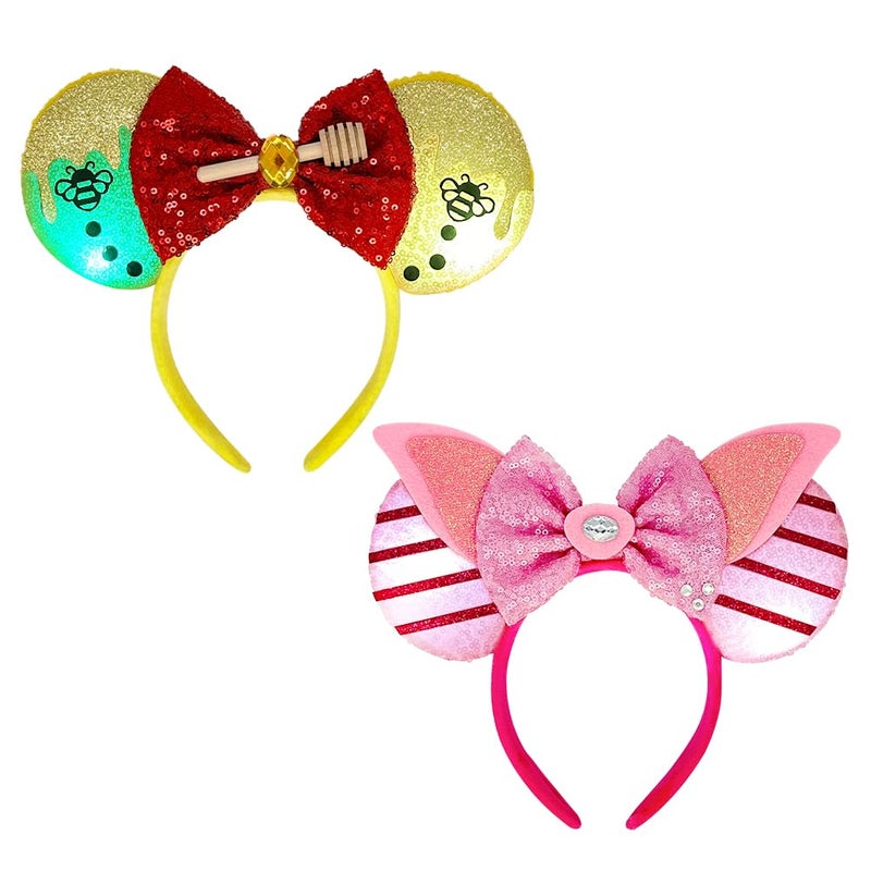 Tarocynn 2 PCS Mouse Ears Headbands with LED Light Sequin Bear Piggy Headbands Park Ears for Party Favors Cosplay Costumes Accessories (Bear & Pig) - Image 1