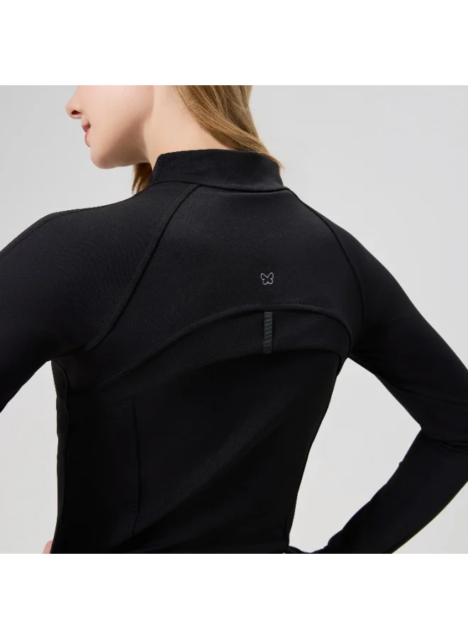 أﻣورﻛس جاكيت رياضي نسائي بسحاب كامل من AMORXE – تصميم ضيق بأكمام طويلة، مثالي لليوغا والجري والتمارين، مع فتحات للإبهام وجيوب بسحاب، خامة مرنة للرياضة واللياقة، كبير، أسود