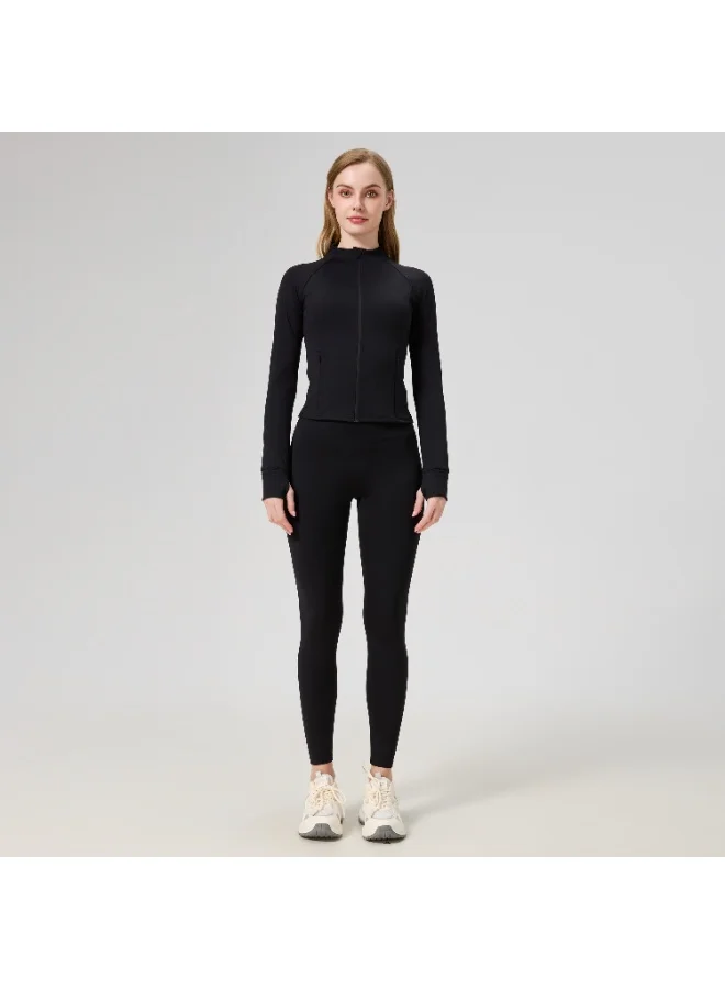 أﻣورﻛس جاكيت رياضي نسائي بسحاب كامل من AMORXE – تصميم ضيق بأكمام طويلة، مثالي لليوغا والجري والتمارين، مع فتحات للإبهام وجيوب بسحاب، خامة مرنة للرياضة واللياقة، كبير، أسود