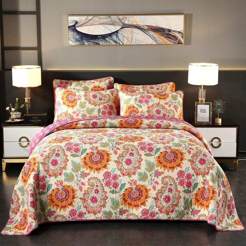 YASMENG 100% Cotton Boho Quilt Set King Size Gorgeous Paisley Floral Patterned Quilt Bedspread 106"x98" Bohemian Vibrant Exotic Ethnic Mandala Coverlet Bedding Set 3 Pieces for All Seasons - Image 1