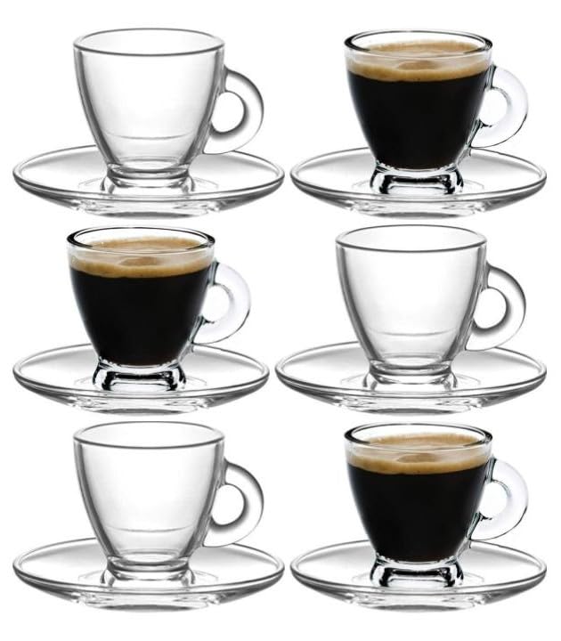 BOHEM'S Espresso Cups, 3.2 oz Small Demitasse Clear Glass Espresso Drinkware, Set Of 6, Cups and Saucers, Espresso Shot Glasses, Clear Expresso Coffee Cups, Tazas de Cafe Expreso - Image 1