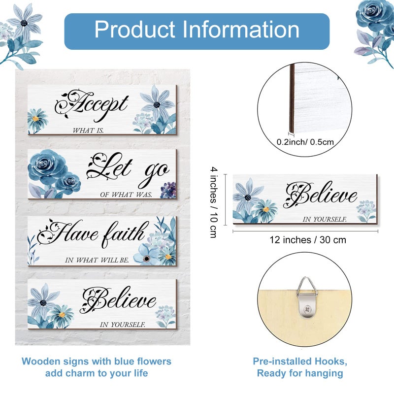 Joyhawk 4 Pieces Blue Flower Wall Decor For Bedroom, Accept-Let go-Have faith-Believe Wooden Inspirational Wall Art Decorations for Living Room Bathroom,Rustic Wooden Farmhouse Home Decor, 12 x 4 Inch - Image 2