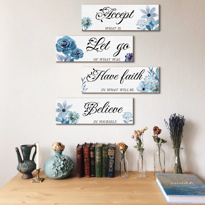 Joyhawk 4 Pieces Blue Flower Wall Decor For Bedroom, Accept-Let go-Have faith-Believe Wooden Inspirational Wall Art Decorations for Living Room Bathroom,Rustic Wooden Farmhouse Home Decor, 12 x 4 Inch - Image 5