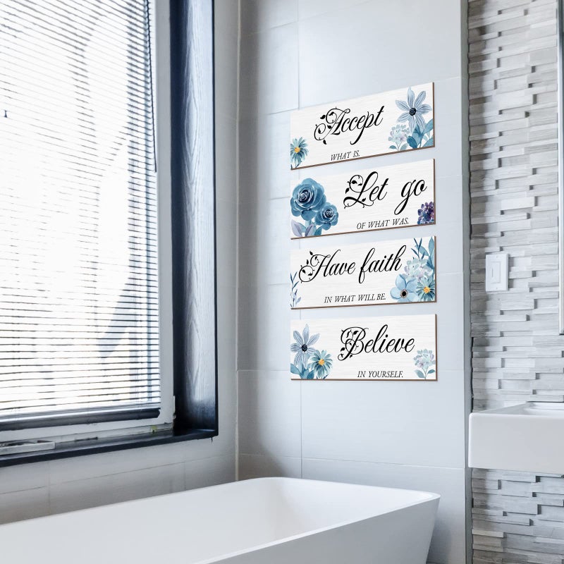 Joyhawk 4 Pieces Blue Flower Wall Decor For Bedroom, Accept-Let go-Have faith-Believe Wooden Inspirational Wall Art Decorations for Living Room Bathroom,Rustic Wooden Farmhouse Home Decor, 12 x 4 Inch - Image 3