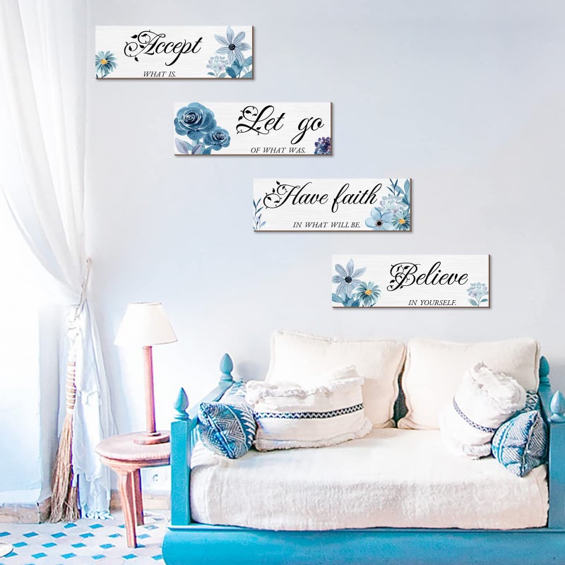 Joyhawk 4 Pieces Blue Flower Wall Decor For Bedroom, Accept-Let go-Have faith-Believe Wooden Inspirational Wall Art Decorations for Living Room Bathroom,Rustic Wooden Farmhouse Home Decor, 12 x 4 Inch - Image 4