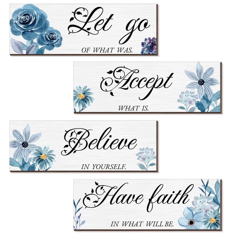 Joyhawk 4 Pieces Blue Flower Wall Decor For Bedroom, Accept-Let go-Have faith-Believe Wooden Inspirational Wall Art Decorations for Living Room Bathroom,Rustic Wooden Farmhouse Home Decor, 12 x 4 Inch - Image 1