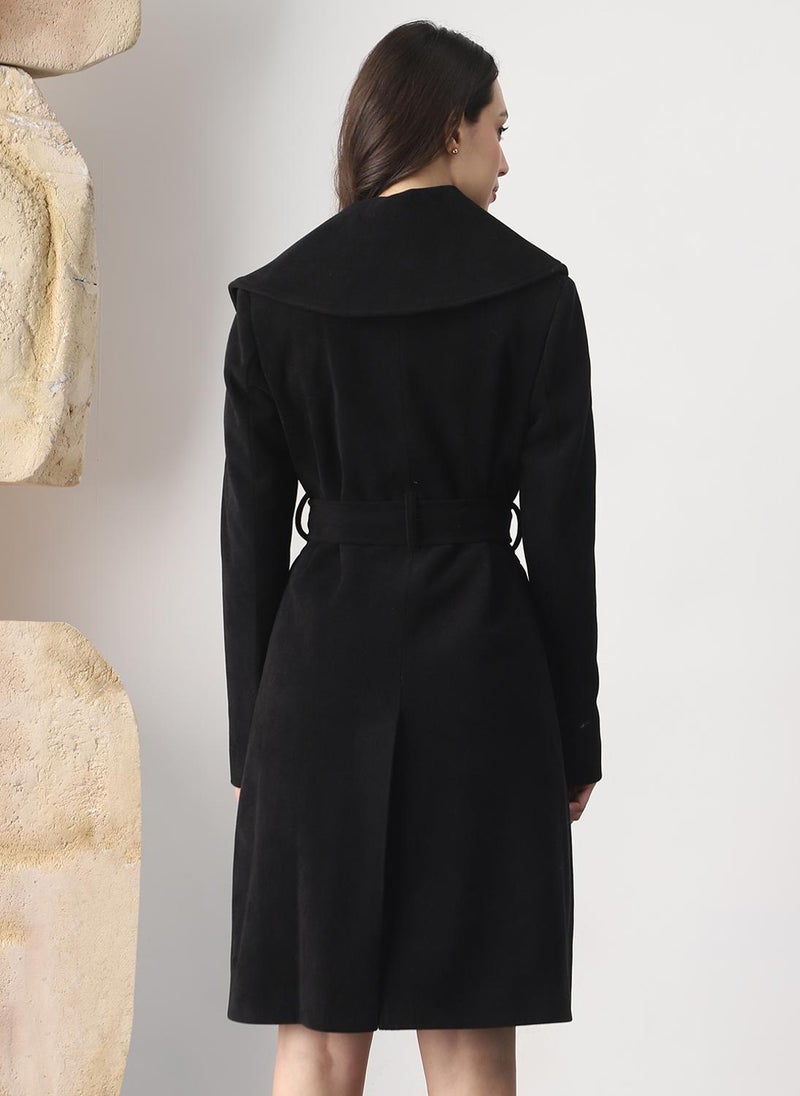 Globus Women Black Shawl Collar Long Sleeves Self Design Winter Wear Overcoat with Belt - Image 4