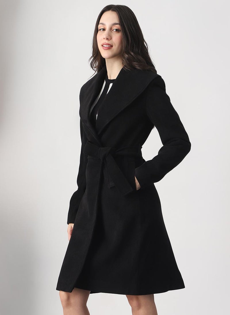 Globus Women Black Shawl Collar Long Sleeves Self Design Winter Wear Overcoat with Belt - Image 3