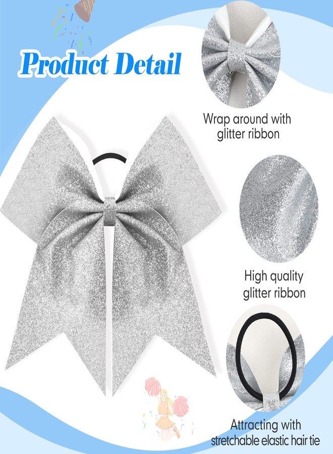 CN 16 PCS 8" Large Glitter Cheer Bows for Cheerleaders, CN Sparkly Hair Bows with Elastic Hair Ties Accessories for Teens Girls Women Cheerleading Softball Competition Sports (Silver) - Image 2