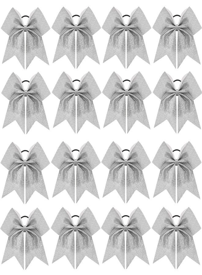 CN 16 PCS 8" Large Glitter Cheer Bows for Cheerleaders, CN Sparkly Hair Bows with Elastic Hair Ties Accessories for Teens Girls Women Cheerleading Softball Competition Sports (Silver) - Image 1