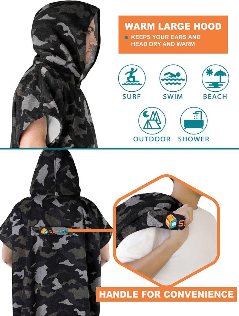 Suncube SUN CUBE Surf Poncho Changing Robe with Hood | Absorbent Quick Dry Microfiber Wetsuit Changing Towel with Pocket for Surfing Men Women, Camo Black, One size - Image 4
