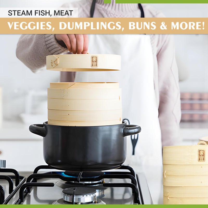 Zoie + Chloe Bamboo Steamer Basket - 2-Tier Dumpling Steamer for Cooking with 2 Reusable Cotton Liners for Bao, Dim Sum, Veggies, Asian Steamed Buns -Stackable, Space-Efficient - 8-Inch Steam Basket - Image 5