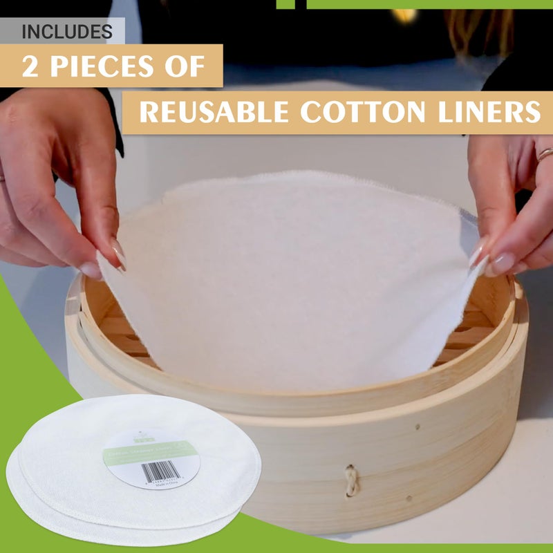 Zoie + Chloe Bamboo Steamer Basket - 2-Tier Dumpling Steamer for Cooking with 2 Reusable Cotton Liners for Bao, Dim Sum, Veggies, Asian Steamed Buns -Stackable, Space-Efficient - 8-Inch Steam Basket - Image 4