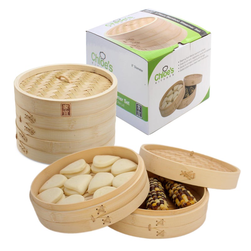 Zoie + Chloe Bamboo Steamer Basket - 2-Tier Dumpling Steamer for Cooking with 2 Reusable Cotton Liners for Bao, Dim Sum, Veggies, Asian Steamed Buns -Stackable, Space-Efficient - 8-Inch Steam Basket - Image 1