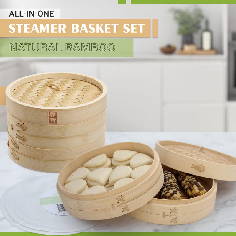 Zoie + Chloe Bamboo Steamer Basket - 2-Tier Dumpling Steamer for Cooking with 2 Reusable Cotton Liners for Bao, Dim Sum, Veggies, Asian Steamed Buns -Stackable, Space-Efficient - 8-Inch Steam Basket - Image 2