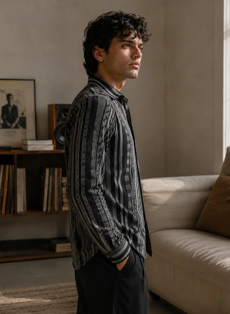 CAHOOT Men's Black Stripes Regular Shirt For Casual Wear | Collared Neck | Long Sleeve | Button Closure | Cotton Shirt Crafted With Comfort Fit For Everyday Wear