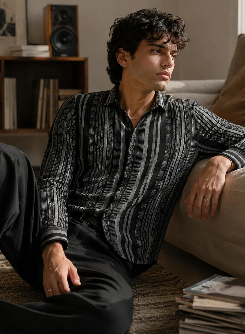 CAHOOT Men's Black Stripes Regular Shirt For Casual Wear | Collared Neck | Long Sleeve | Button Closure | Cotton Shirt Crafted With Comfort Fit For Everyday Wear
