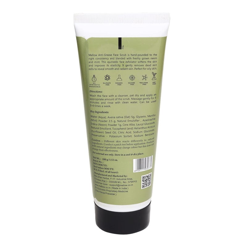 Mellow Herbals Ayurvedic Anti Grease Scrub 100Gm with Mint Neem Oat Grains Treats Blackheads Acne Deep Cleanses Pore Sitmulates Blood Ciculation Ayush Certified GMO Paraben and Silicone Free - Image 3