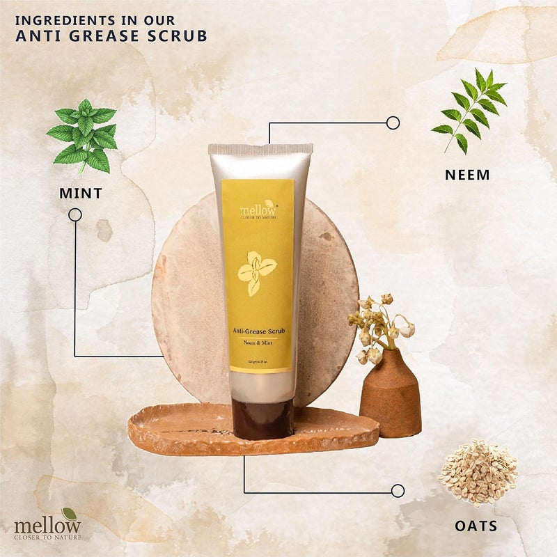 Mellow Herbals Ayurvedic Anti Grease Scrub 100Gm with Mint Neem Oat Grains Treats Blackheads Acne Deep Cleanses Pore Sitmulates Blood Ciculation Ayush Certified GMO Paraben and Silicone Free - Image 4