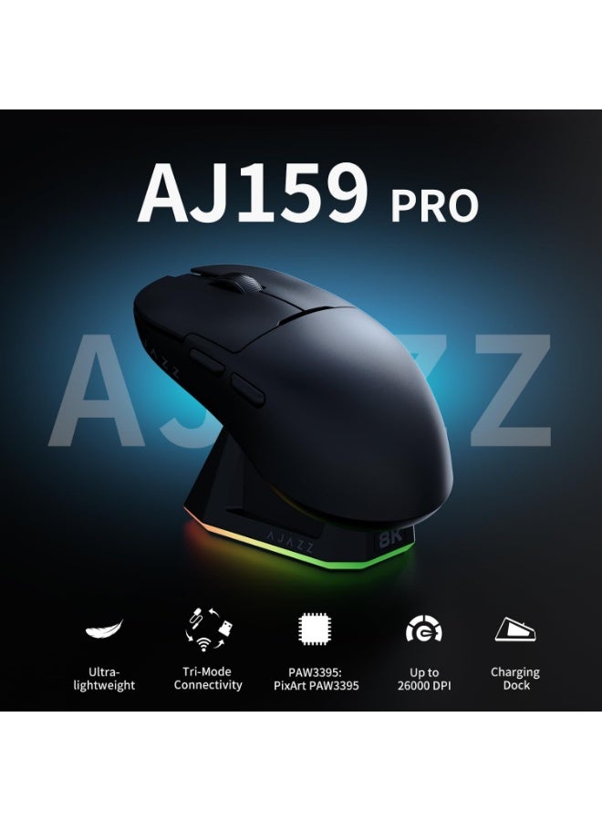 A-jazz AJ159 PRO 8K DPI Black Wireless Gaming Mouse | PAW3395 Sensor | 56g Ultra-Lightweight Design | Three Connection Modes | Magnetic Charging - Image 2