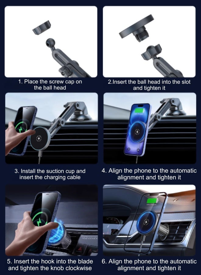 Qi2/Magsafe Car Wireless Charger Holder - 2-In-1 Magnetic Suction Cup Mount For Iphone 16/15 Pro Max, Ultra-Strong Fixation On Dashboard/Windshield/Air Vent - Aluminum Alloy + Glass Surface - Fast Charging & Anti-Slip Black  - Image 5