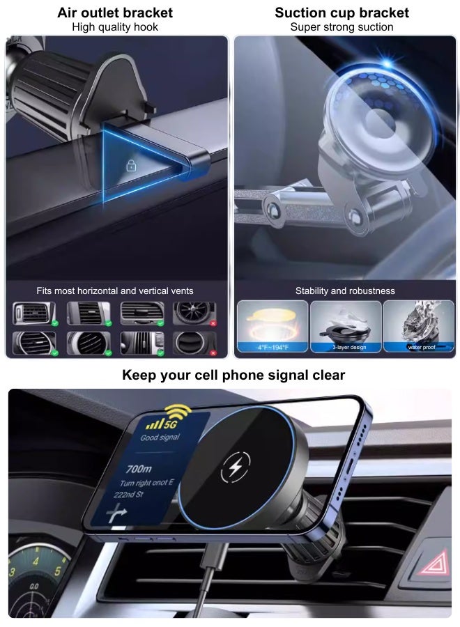 Qi2/Magsafe Car Wireless Charger Holder - 2-In-1 Magnetic Suction Cup Mount For Iphone 16/15 Pro Max, Ultra-Strong Fixation On Dashboard/Windshield/Air Vent - Aluminum Alloy + Glass Surface - Fast Charging & Anti-Slip Black  - Image 3