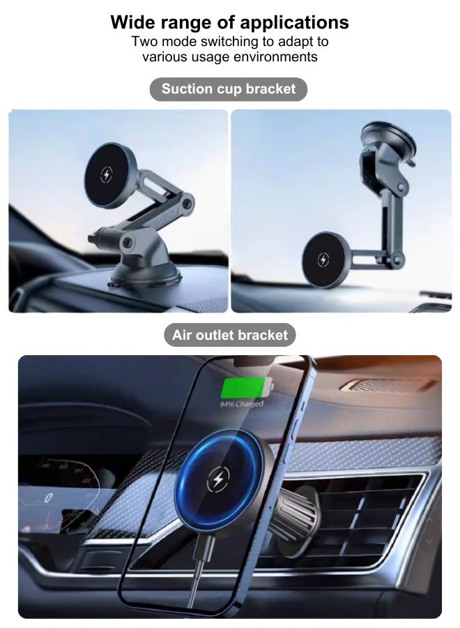 Qi2/Magsafe Car Wireless Charger Holder - 2-In-1 Magnetic Suction Cup Mount For Iphone 16/15 Pro Max, Ultra-Strong Fixation On Dashboard/Windshield/Air Vent - Aluminum Alloy + Glass Surface - Fast Charging & Anti-Slip Black  - Image 4