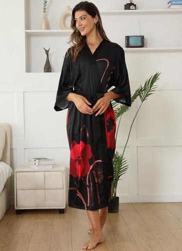Kihnop Women's Floral Long Kimono Robe Long Satin Robe Long Silk Robe Ladies Kimonos Silky Bathrobe Cover Up, One Size - Image 3
