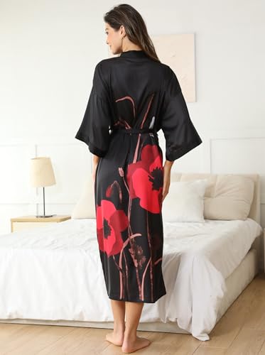 Kihnop Women's Floral Long Kimono Robe Long Satin Robe Long Silk Robe Ladies Kimonos Silky Bathrobe Cover Up, One Size - Image 4