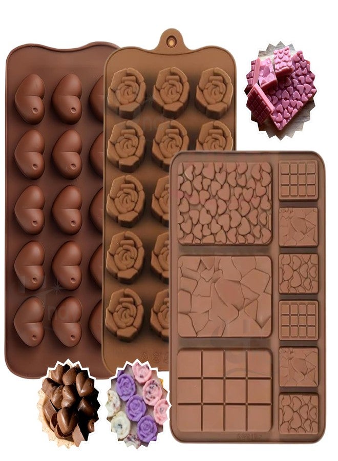 Undy Chocolate Mould Silicone Rose Heart Break Apart Chocolate Bars Shape Chocolate Mould for Chocolate Making Multipurpose Jelly Ice Cubes Cake Decoration Tools, 3 PCS, Brown - Image 1