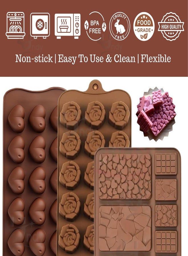 Undy Chocolate Mould Silicone Rose Heart Break Apart Chocolate Bars Shape Chocolate Mould for Chocolate Making Multipurpose Jelly Ice Cubes Cake Decoration Tools, 3 PCS, Brown - Image 3