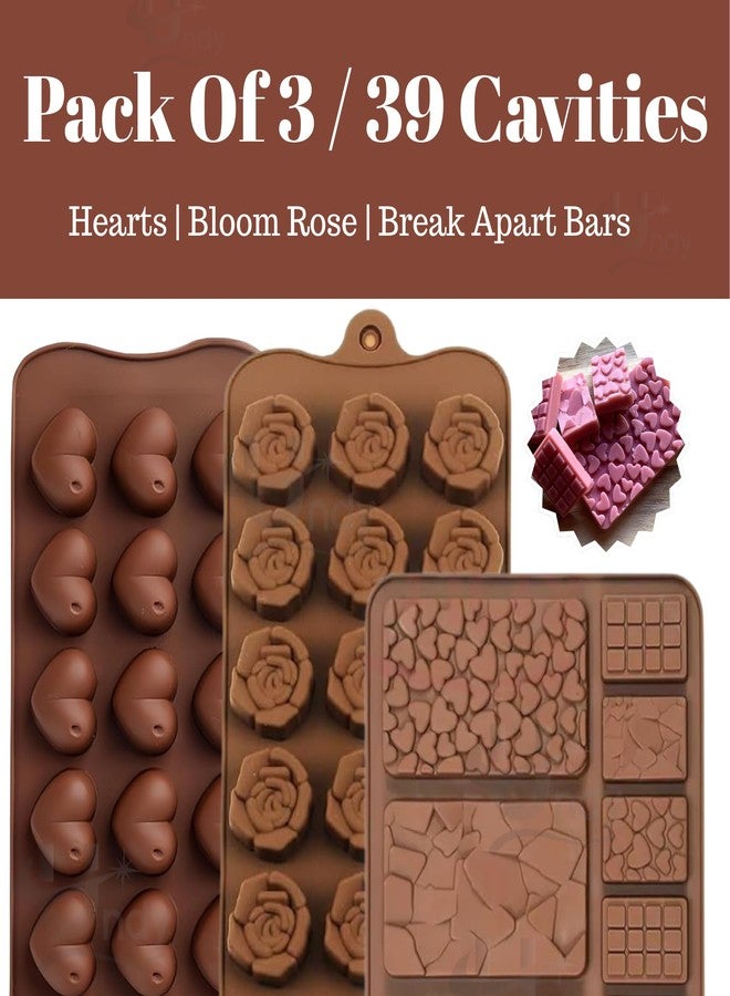 Undy Chocolate Mould Silicone Rose Heart Break Apart Chocolate Bars Shape Chocolate Mould for Chocolate Making Multipurpose Jelly Ice Cubes Cake Decoration Tools, 3 PCS, Brown - Image 2