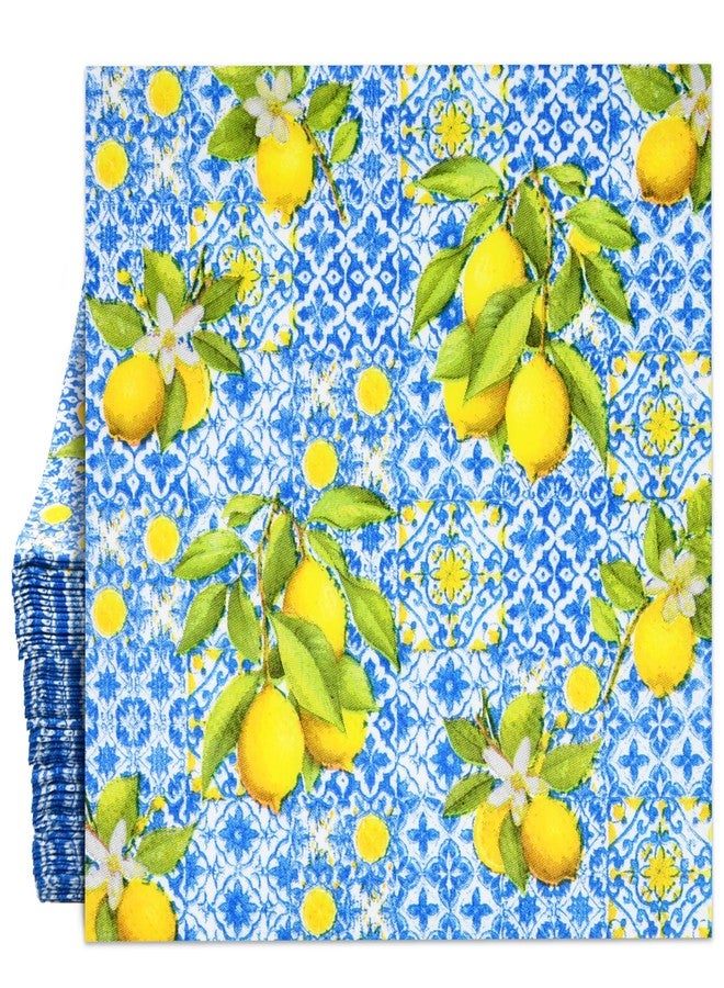 Gift Boutique 100 قطعة من مناديل الكوكتيل الليمونية الزهور الزرقاء والصفراء القابلة للتصرف لمناسبات الصيف والربيع وحفلات عيد الميلاد - Image 1