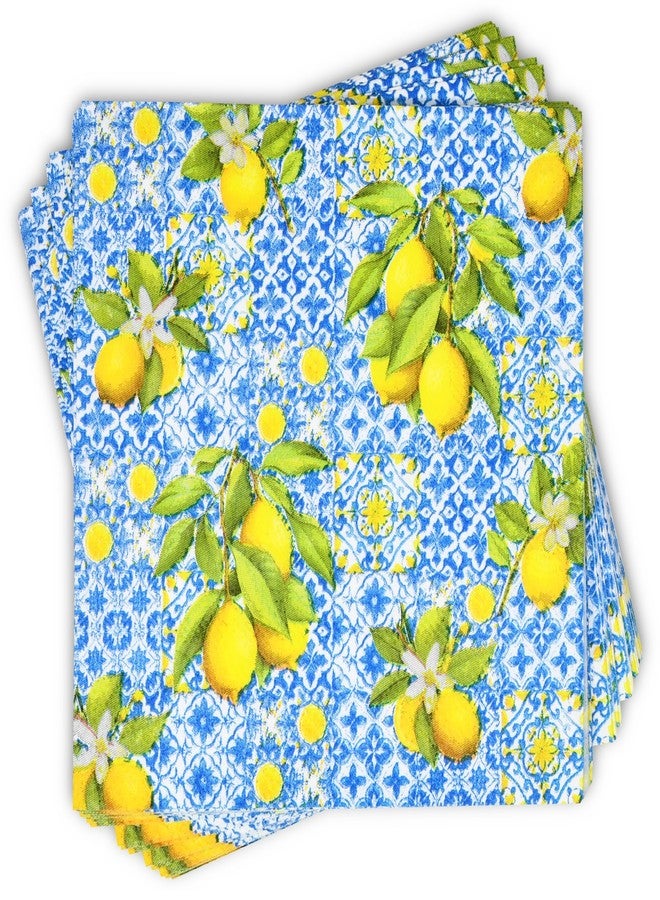 Gift Boutique 100 قطعة من مناديل الكوكتيل الليمونية الزهور الزرقاء والصفراء القابلة للتصرف لمناسبات الصيف والربيع وحفلات عيد الميلاد - Image 3