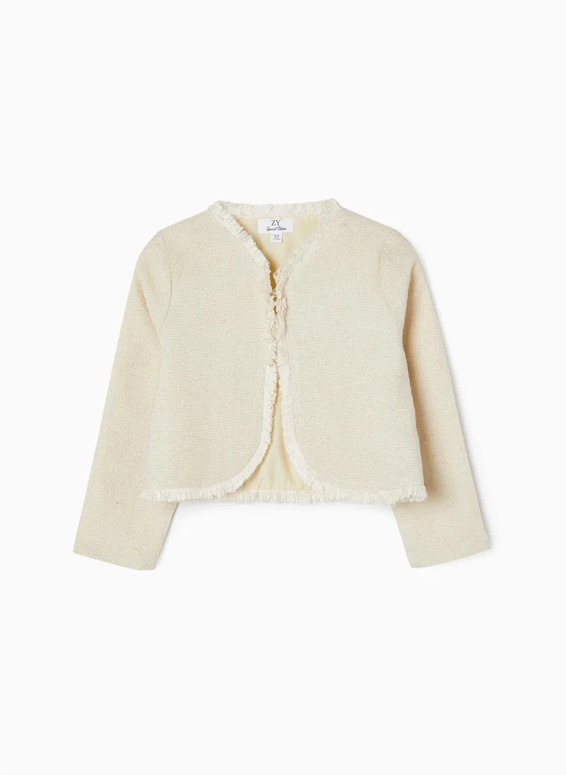 Zippy Coat with Fringes and Lurex Threads for Girls, Beige