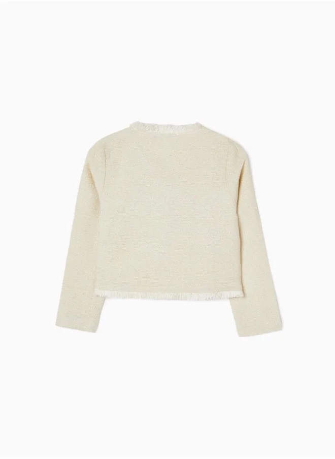 Zippy Coat with Fringes and Lurex Threads for Girls, Beige