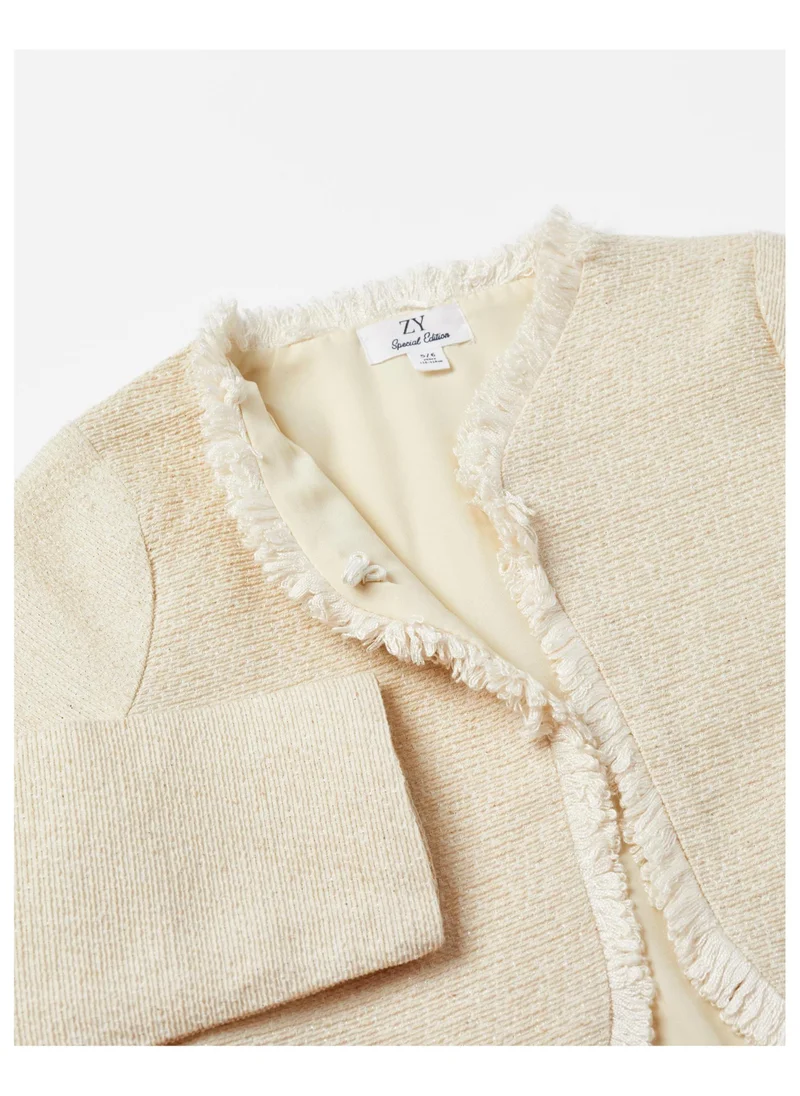 Zippy Coat with Fringes and Lurex Threads for Girls, Beige