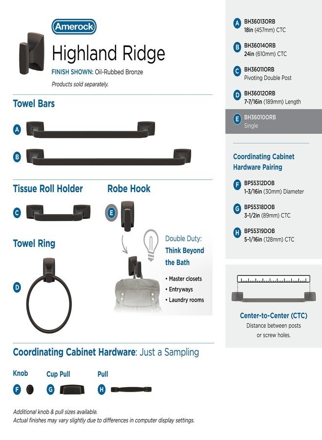 Amerock BH36010ORB | Oil Rubbed Bronze Single Robe Hook | 2-5/8 in. (67 mm) Length Towel Holder | Highland Ridge | Towel Hook for Bathroom | Bathroom Hardware | Bath Accessories - Image 4