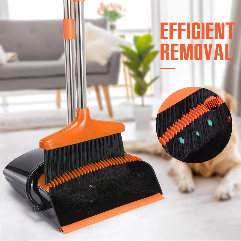 XXFLOWER Broom and Dustpan Set with Long Handle, Light Weight Stainless Steel Poles Stand Upright Dustpans with Broom Combo for Home Kitchen Office Pet Dog Hair, Black & Orange Color, 1-Pack - Image 5