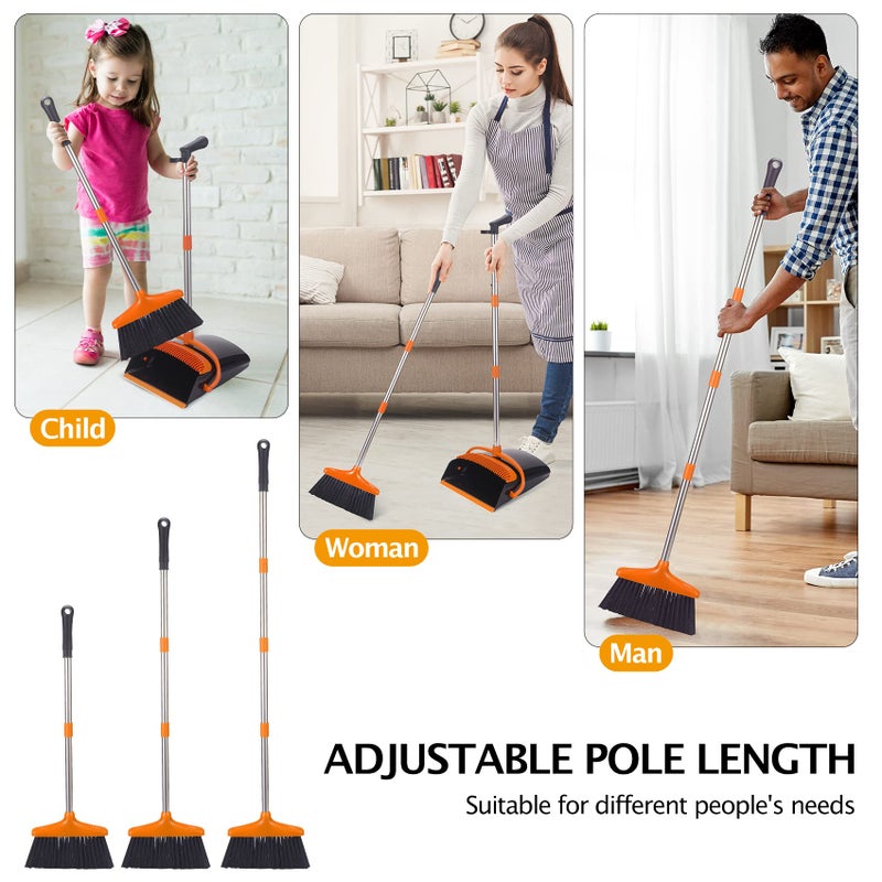 XXFLOWER Broom and Dustpan Set with Long Handle, Light Weight Stainless Steel Poles Stand Upright Dustpans with Broom Combo for Home Kitchen Office Pet Dog Hair, Black & Orange Color, 1-Pack - Image 4