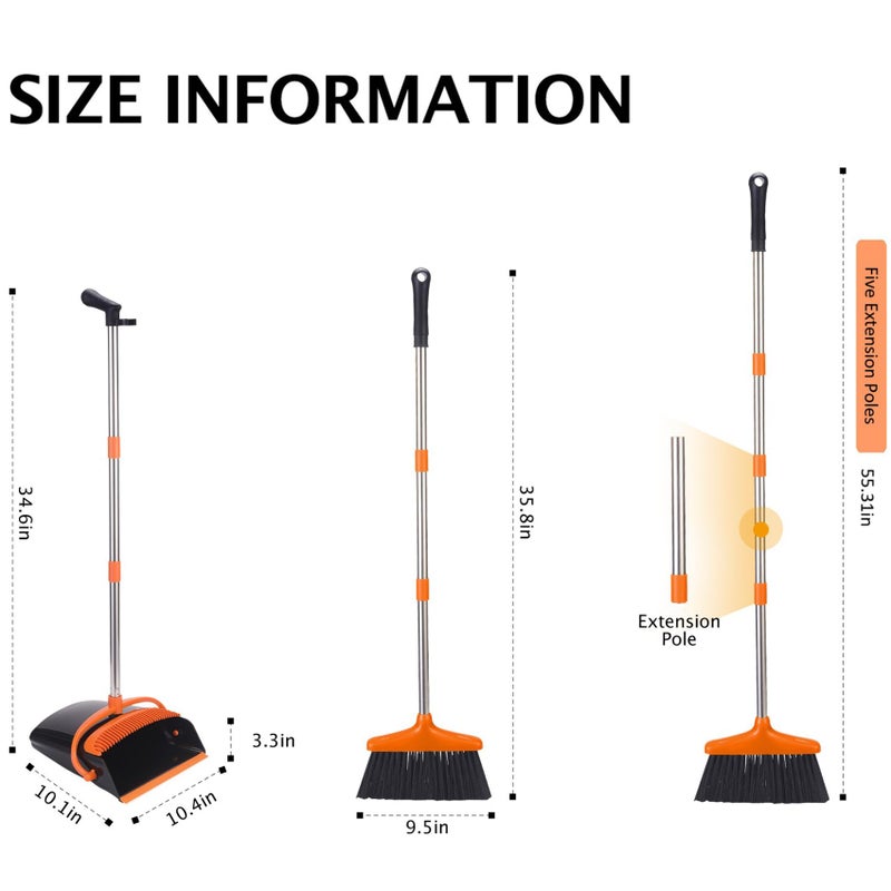 XXFLOWER Broom and Dustpan Set with Long Handle, Light Weight Stainless Steel Poles Stand Upright Dustpans with Broom Combo for Home Kitchen Office Pet Dog Hair, Black & Orange Color, 1-Pack - Image 2