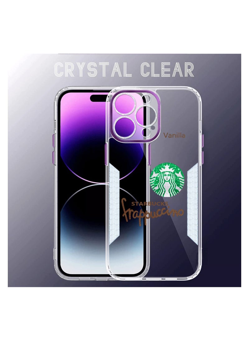 Starbucks - Starbucks Series High Quality Square Edge Cover Full Lens Protective Transparent TPU Case With Stickers For Apple iPhone 14 Pro Max Purple - Image 1