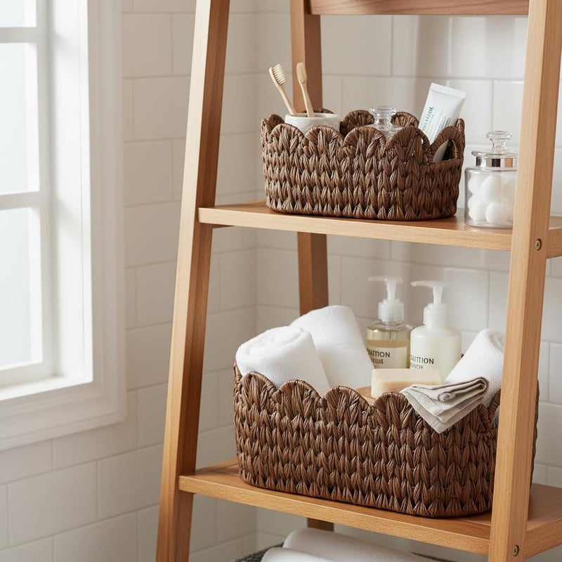 Coeusy Wicker Scalloped Basket Set of 2,Woven Storage Baskets for Shelves,Closet,Laundry,Gift,Towels,Books,Toys,Waterproof Cute Decor Basket for Organizing,Brown - Image 4