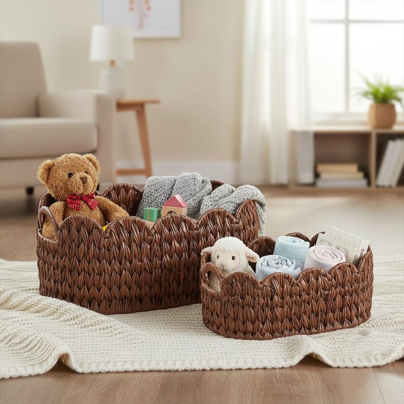 Coeusy Wicker Scalloped Basket Set of 2,Woven Storage Baskets for Shelves,Closet,Laundry,Gift,Towels,Books,Toys,Waterproof Cute Decor Basket for Organizing,Brown - Image 5