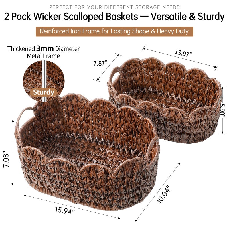 Coeusy Wicker Scalloped Basket Set of 2,Woven Storage Baskets for Shelves,Closet,Laundry,Gift,Towels,Books,Toys,Waterproof Cute Decor Basket for Organizing,Brown - Image 3
