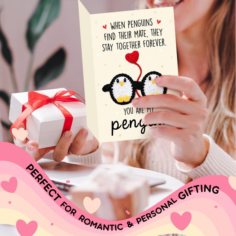 HUNIGIFT Valentines Day Card for Couple, Him, Her - Anniversary Valentines Day Gifts for Boyfriend Girlfriend Husband Wife - 5.3''x 8.0'' Card & Handmade Knitted You Are My Penguin Crochet, Envelope - Image 5