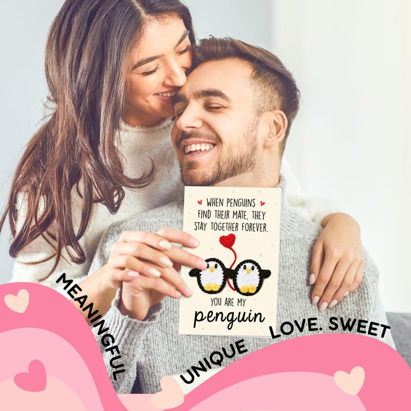 HUNIGIFT Valentines Day Card for Couple, Him, Her - Anniversary Valentines Day Gifts for Boyfriend Girlfriend Husband Wife - 5.3''x 8.0'' Card & Handmade Knitted You Are My Penguin Crochet, Envelope - Image 3