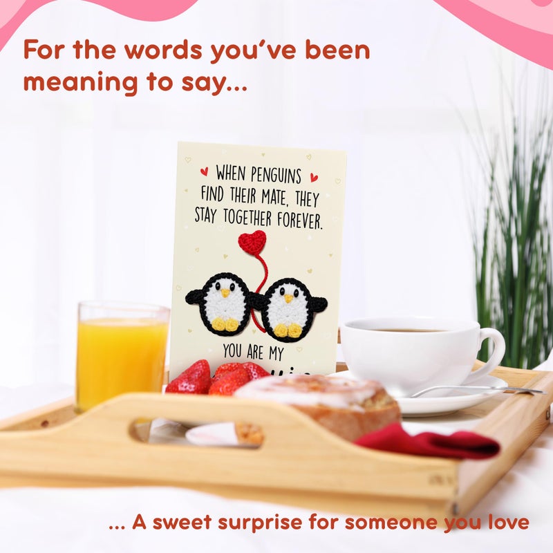 HUNIGIFT Valentines Day Card for Couple, Him, Her - Anniversary Valentines Day Gifts for Boyfriend Girlfriend Husband Wife - 5.3''x 8.0'' Card & Handmade Knitted You Are My Penguin Crochet, Envelope - Image 4