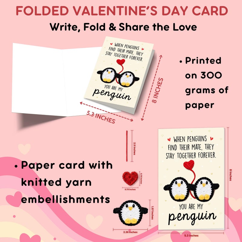 HUNIGIFT Valentines Day Card for Couple, Him, Her - Anniversary Valentines Day Gifts for Boyfriend Girlfriend Husband Wife - 5.3''x 8.0'' Card & Handmade Knitted You Are My Penguin Crochet, Envelope - Image 2